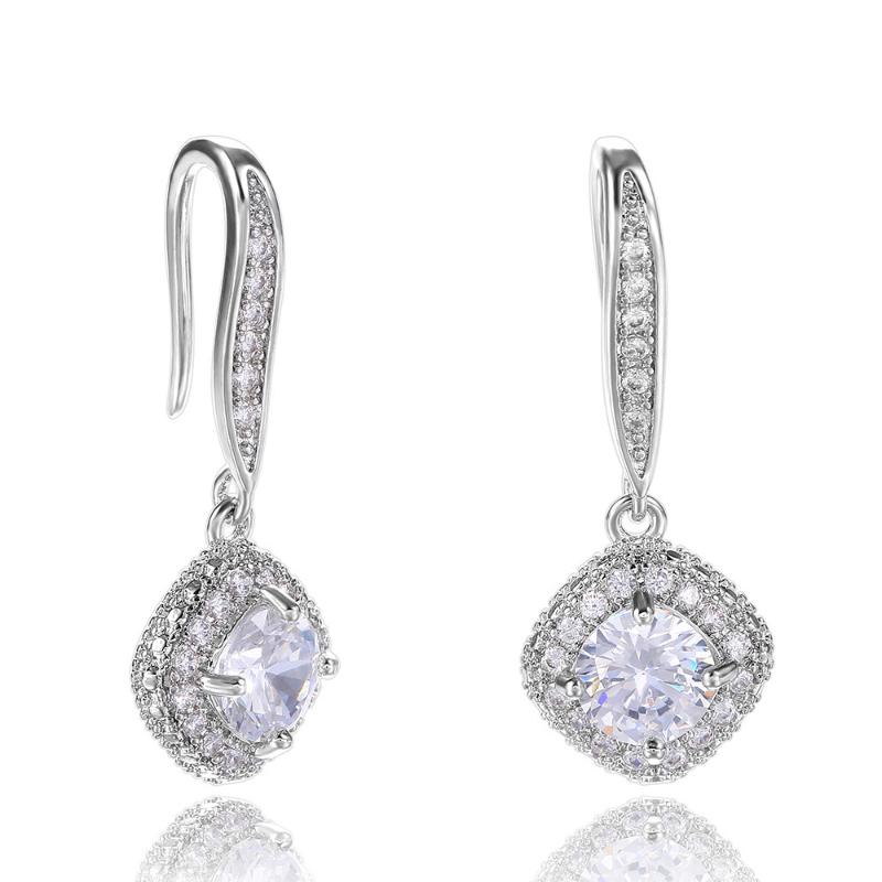 Trendy Luxury Silver Color Square Drop Earring Wedding Bridal Accessories Shine Zircon Stone Elegant Women Jewelry