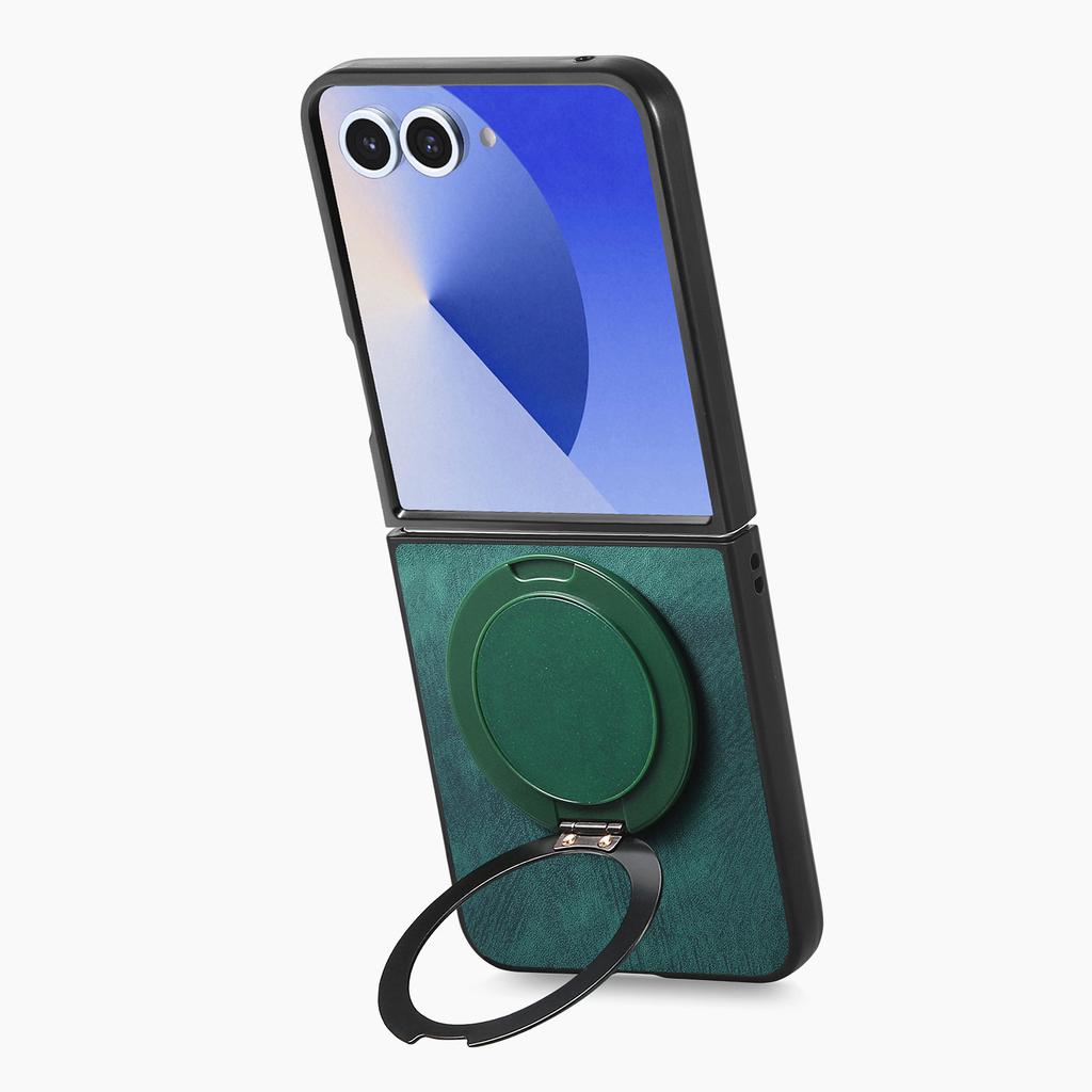 For Samsung Galaxy Z Flip7 5G Phone Case with Rotating Kickstand Stress Relief Retro Leather Back Cover