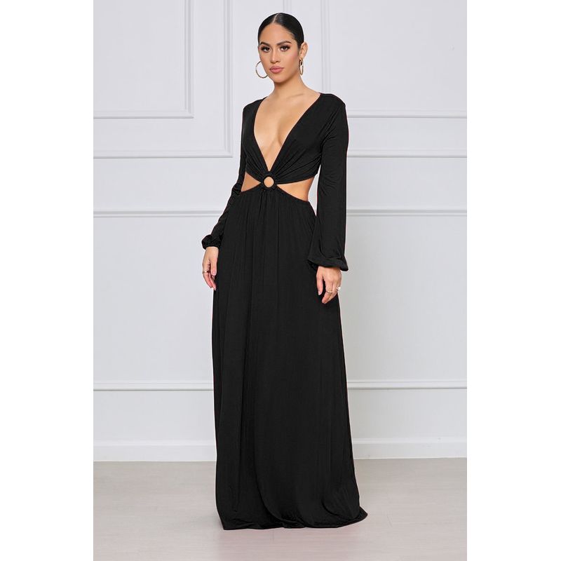 

Fashion Autumn Pure Color Casual Temperament Long Dress Women s Clothing Dress Women V-neck Backless Dress Black M