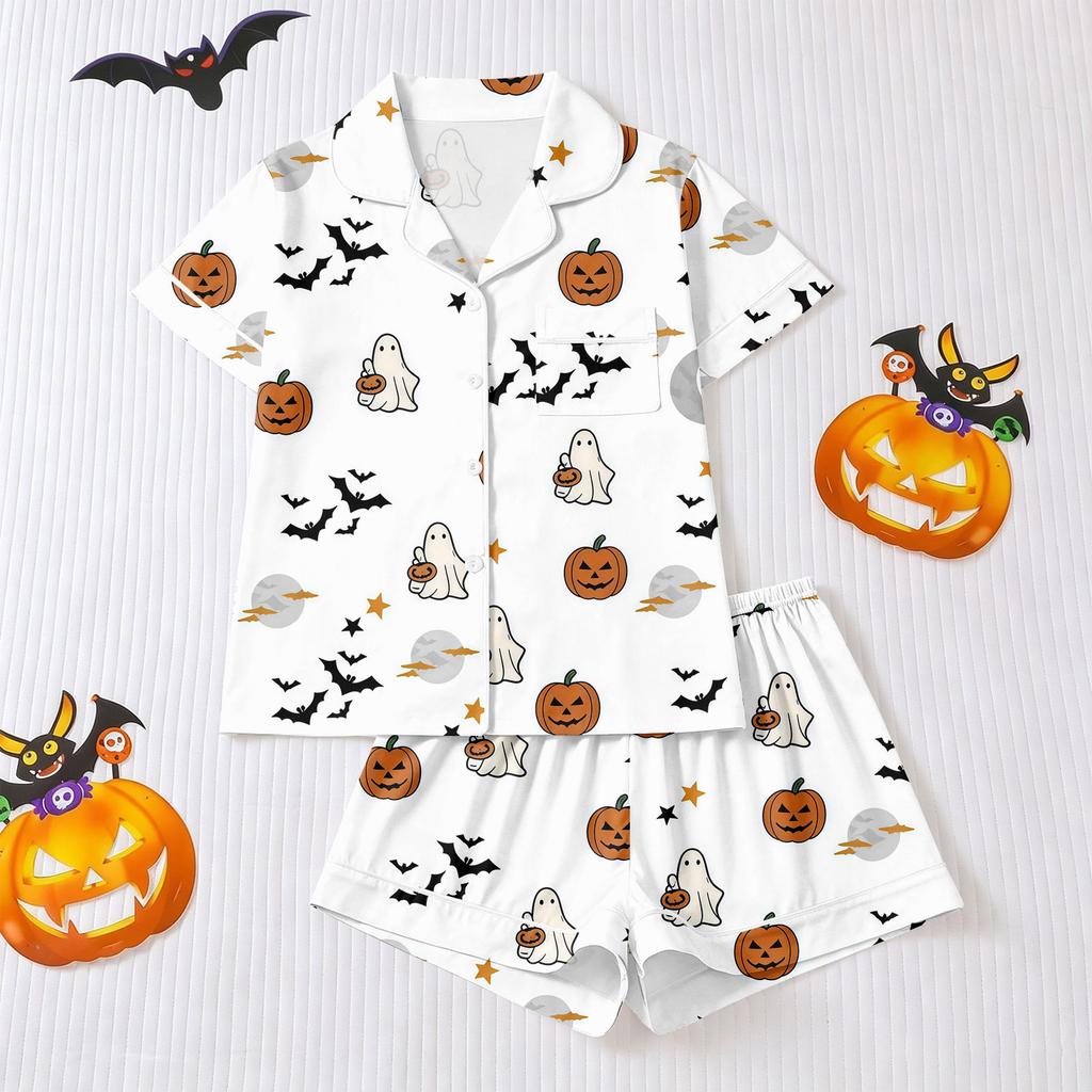 Women's Halloween Pajama Set with Short Sleeve Button Down Shirt and Shorts