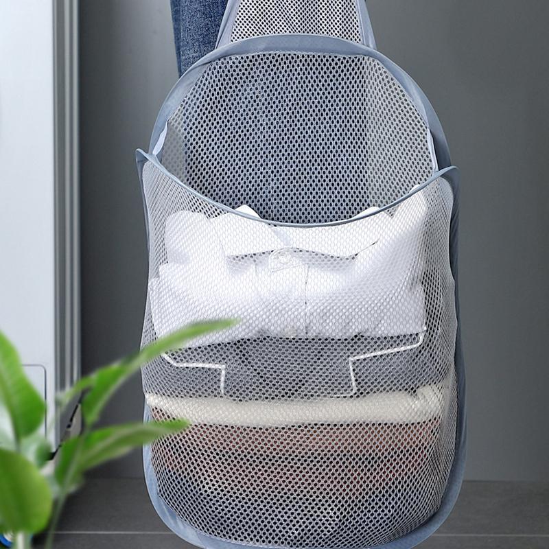 Wall Hanging Folding Laundry Basket Organizer Bathroom Dirty Clothes Mesh Storage Bag Household Basket Frame Bucket