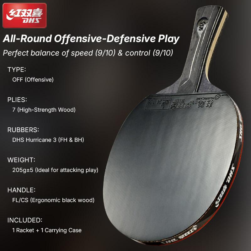 DHS DIAMOND Black 7-vrstvá pálka na stolní tenis s potahy Hurricane 3 - Profesionální pálka Ping Pong pro rotaci & rychlost