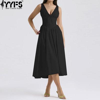 Vestidos casuales de cintura alta con cuello en V sin mangas con estampado de color sólido a la moda para mujer