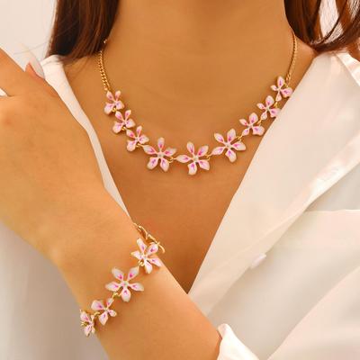 Buntes Geometrisches Emaille-Blumen-Halsketten- & Armband-Set für Damen
