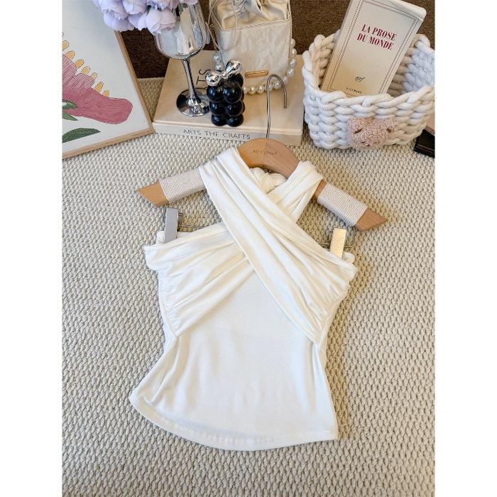 With chest pad, French temperament cross neck sling vest women's summer spice girl short slim-fit design top