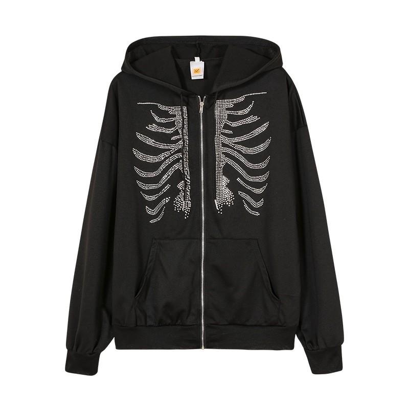 Damska bluza z kapturem i zamkiem, oversize, z kamieniami strasu na piersi, gładka, streetwear, casualowy top