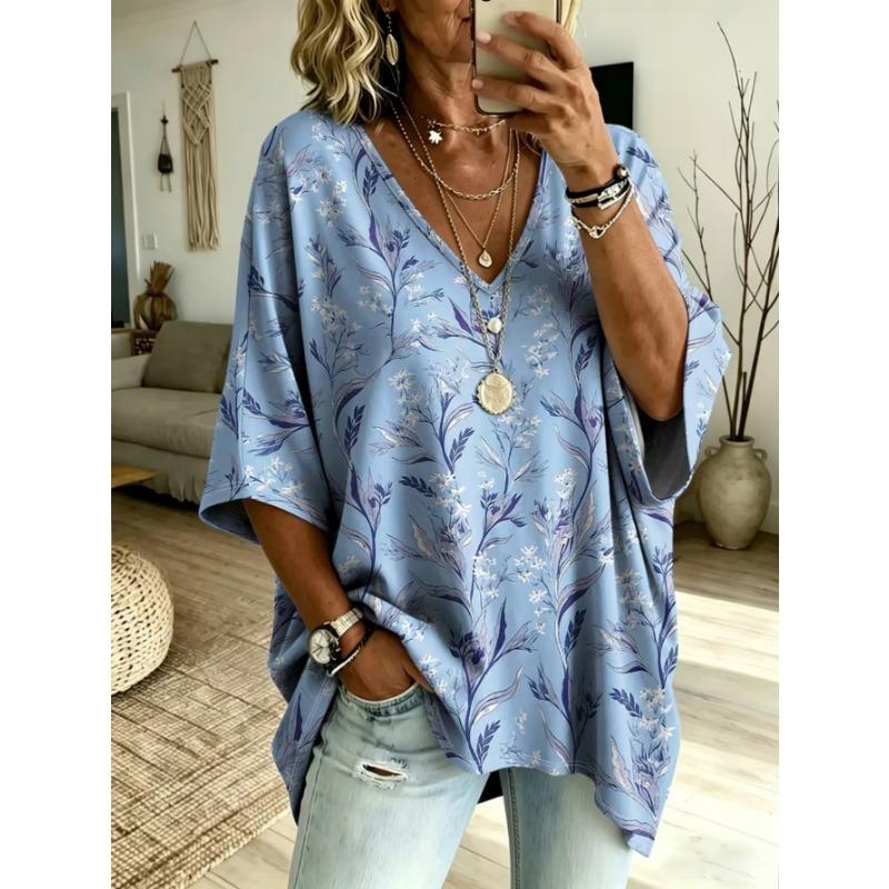 Women's large-size V-neck T-shirt, retro casual top, with printed design, fashionable and versatile ,machine washable.