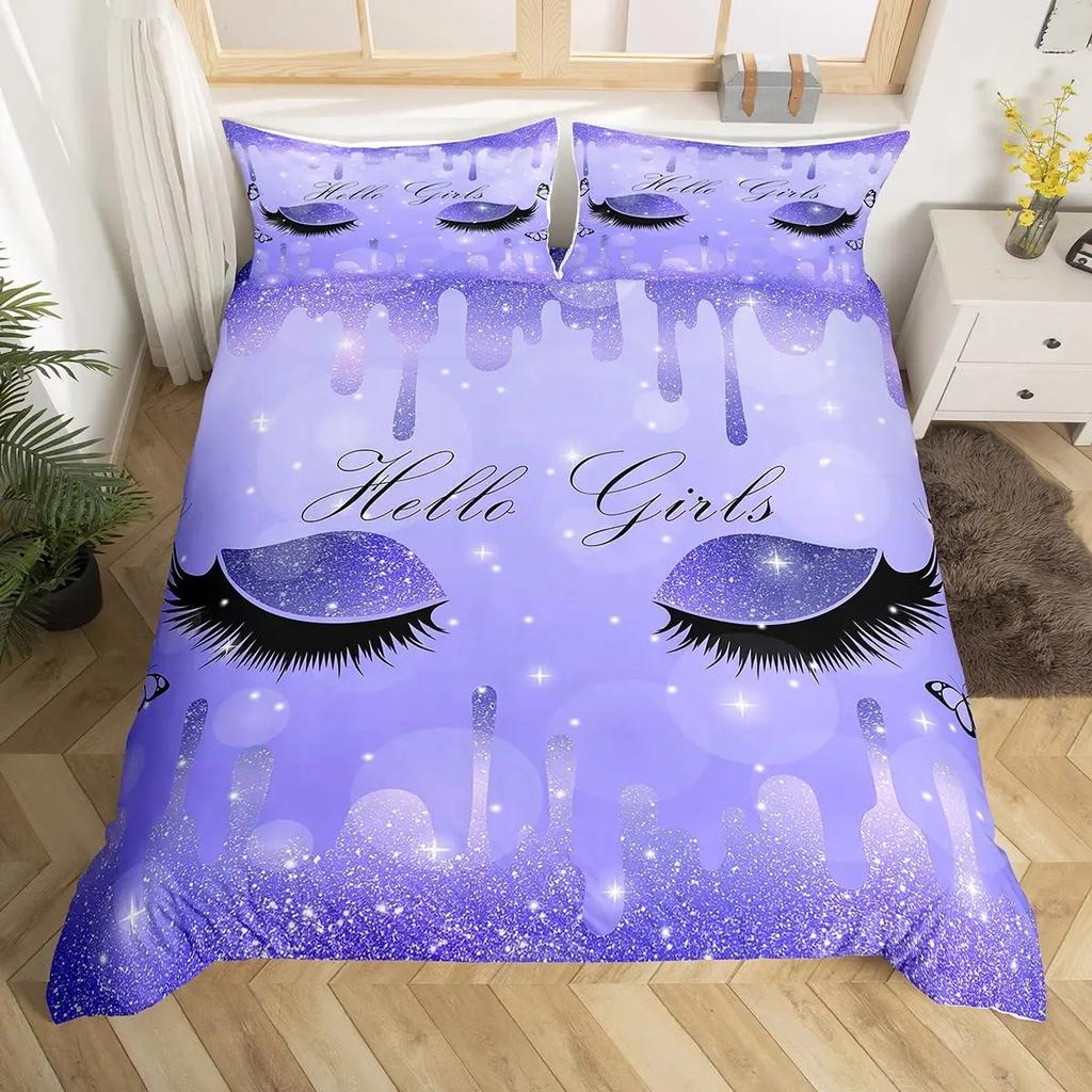 Women Eyelash King Queen Duvet Cover Glitter Galaxy Bedding Set Pink Sequin Ink Fluid Art Quilt Cover Polyester Comforter Cover