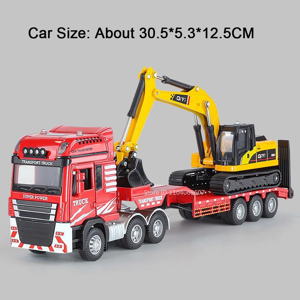 1:48 Double Decker Trailer Toy Models Metal Diecast Flatbed Truck Mounted Excavator Toys Sound Light Doors Opened for Boys Gifts