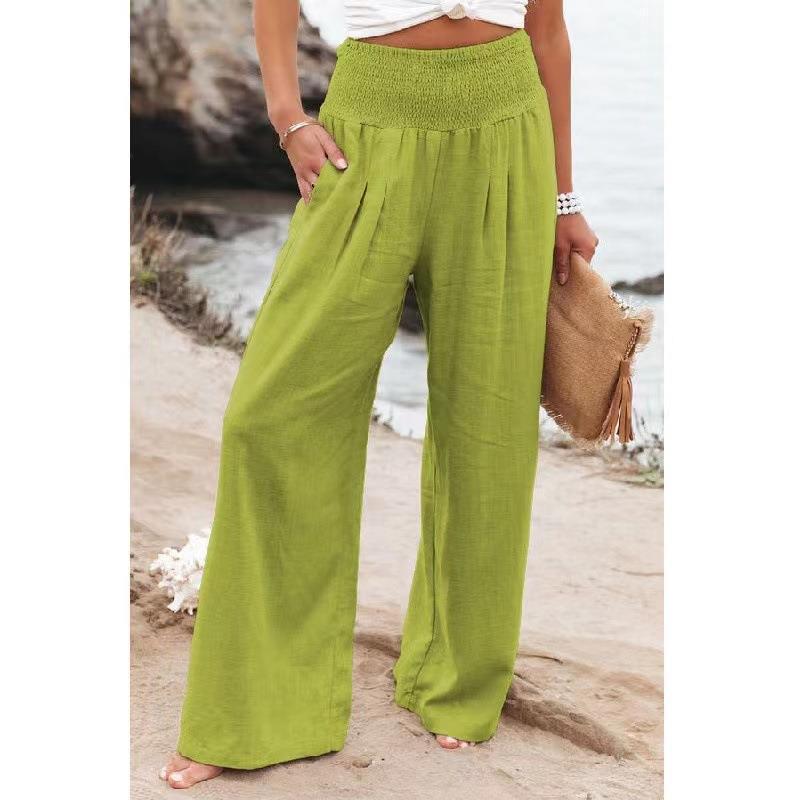 Women's Spring/Summer 2025 Cotton Linen Wide-Leg Pants - Solid Color, Elastic Waist, Casual Long Fit