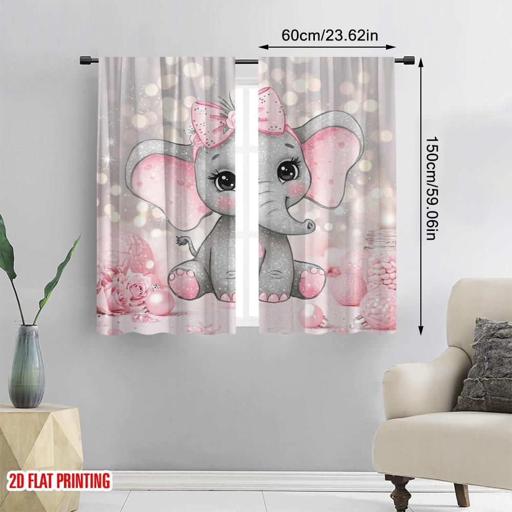 Set Of 2 Flat Printing Window Treatment Curtains Cute Little Elephant Polyester Without Electricity Wall Decor Curtain Machine Washable