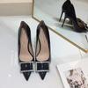 Black patent leather rhinestone high heels new sexy shallow mouth pointed heel square buckle single shoes women
