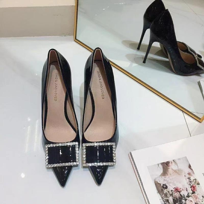 Black patent leather rhinestone high heels new sexy shallow mouth pointed heel square buckle single shoes women