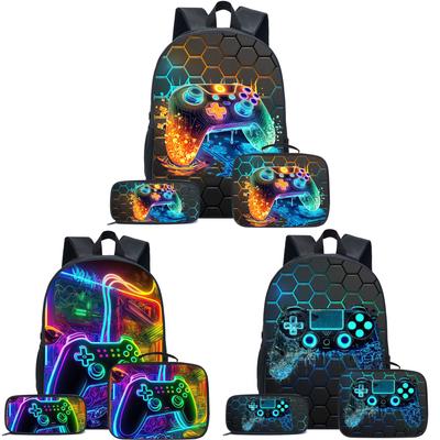 Game Console Printed Pattern Backpack, Cool and Personalized Three-Piece School Bag for Boys