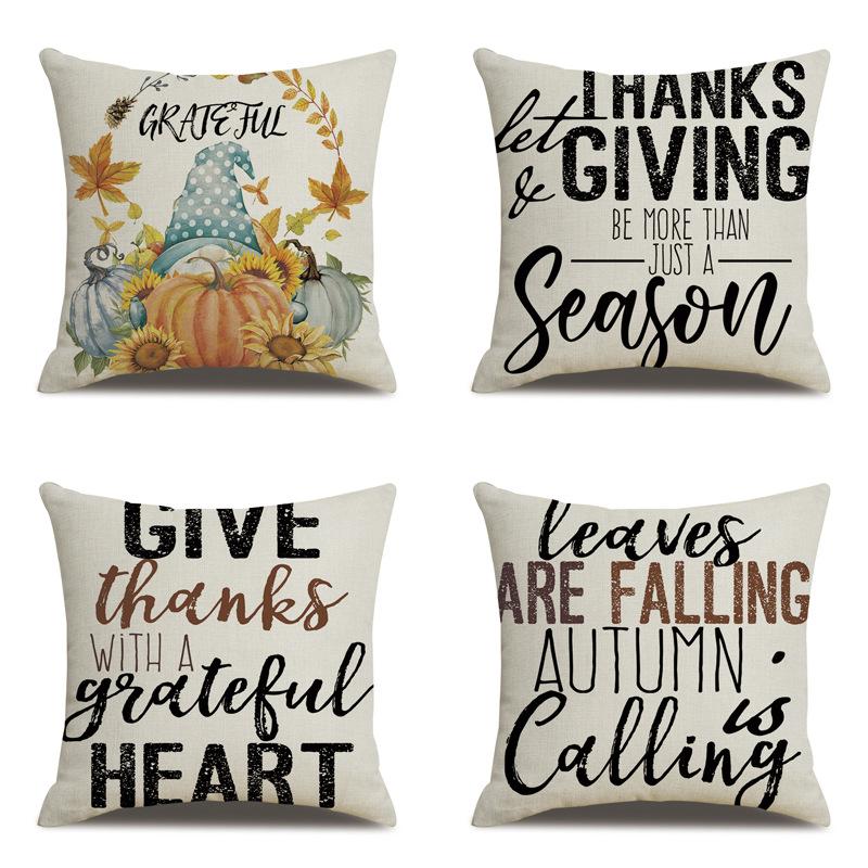 Thanksgiving Linen Pillowcase Autumn Pumpkin Print Pillow Cushion Cover