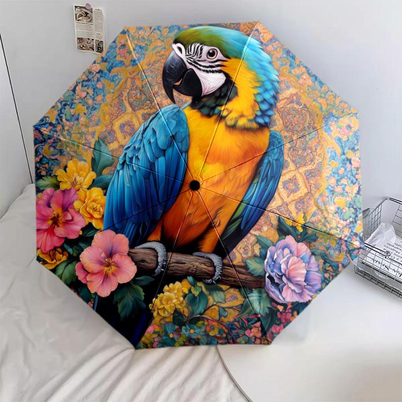 Flower Parrot Pattern, Automatic Folding Umbrella, Portable and Foldable Design, 8 Ribs, a Christmas or Birthday Gift.
