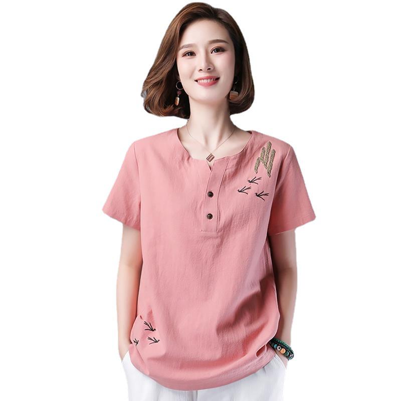 Tricou de damă larg din bumbac-in imprimat cu mânecă scurtă - Vară 2021, Mărimi mari, Stil literar pentru mame de vârstă mijlocie.