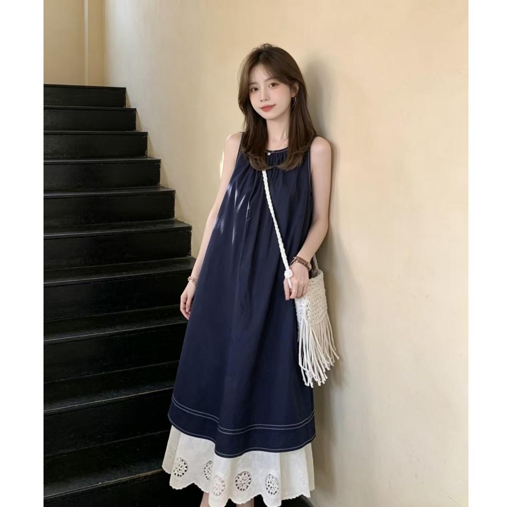  Trendy New Splicing Vest Dress Temperament Loose Summer Design Sleeveless Long Skirt Hem Lace Skirt