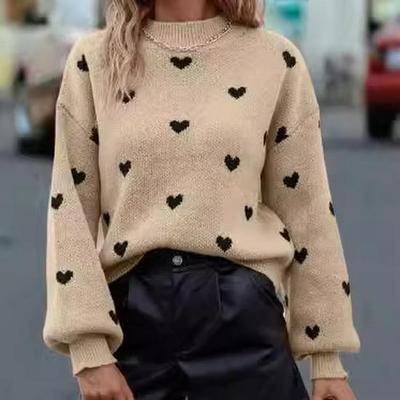 Damski sweter z dzianiny w serca, styl europejski i amerykański, jesień/zima - z długim rękawem, okrągłym dekoltem, styl casual