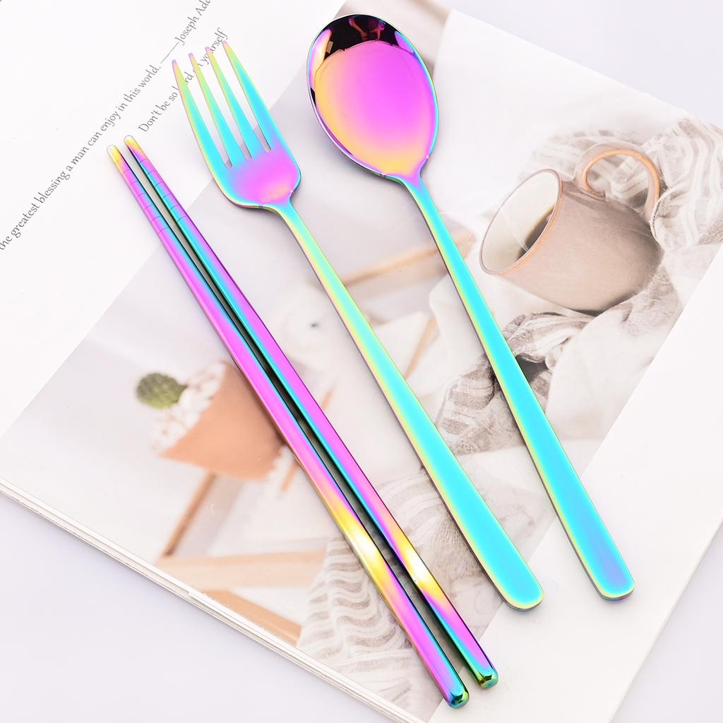 12pcs Colorful Dinnerware Set Korean Style Spoon Non-slip Chopsticks Cutlery Mirror Stainless Steel Flatware Kitchen Tableware
