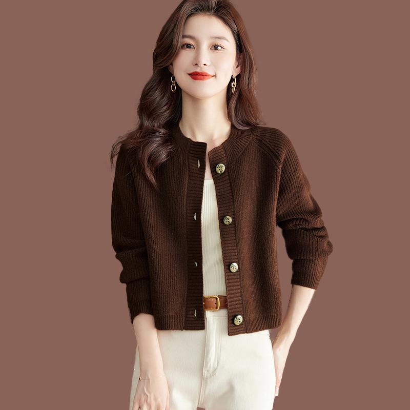 Lazy wind short long-sleeved sweater autumn and winter women's new fashion crew neck knitted cardigan with top