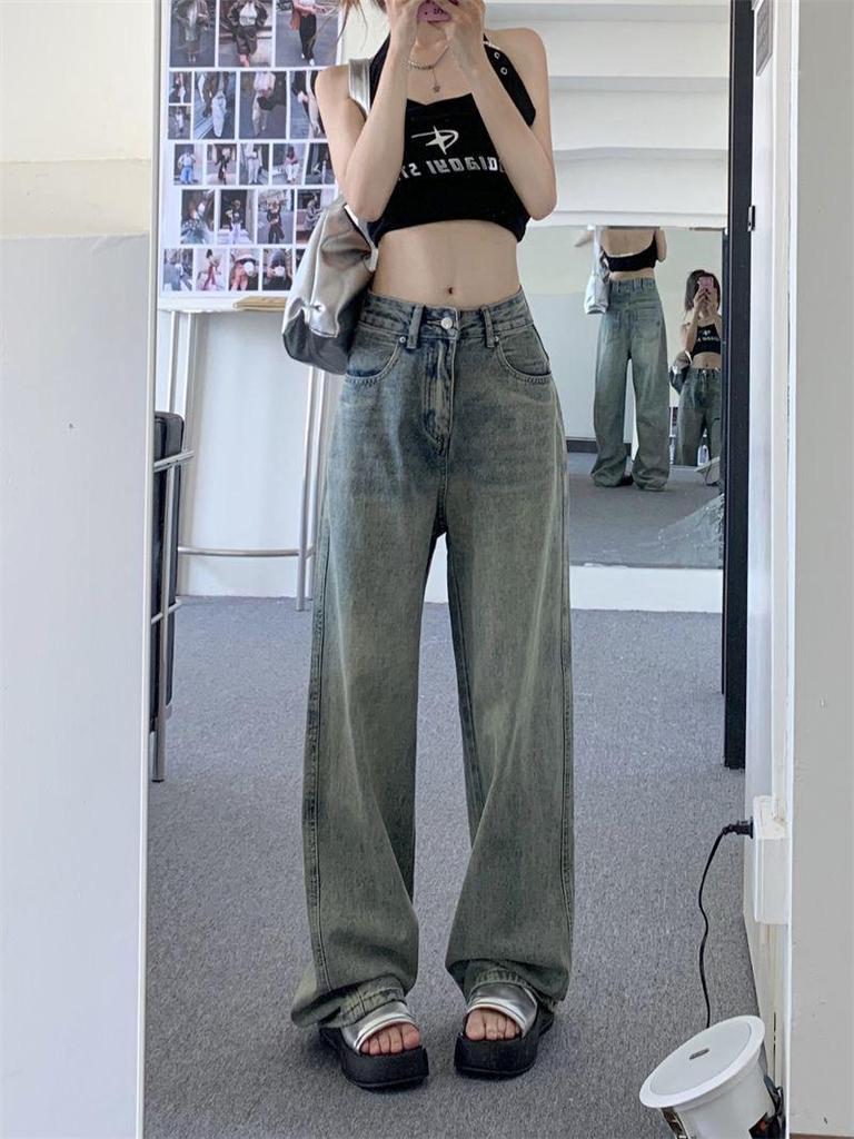 Women's Retro Distressed High-Waisted Wide-Leg Jeans - Slim-Fit, Straight-Leg, Floor-Length, Petite Autumn Style.