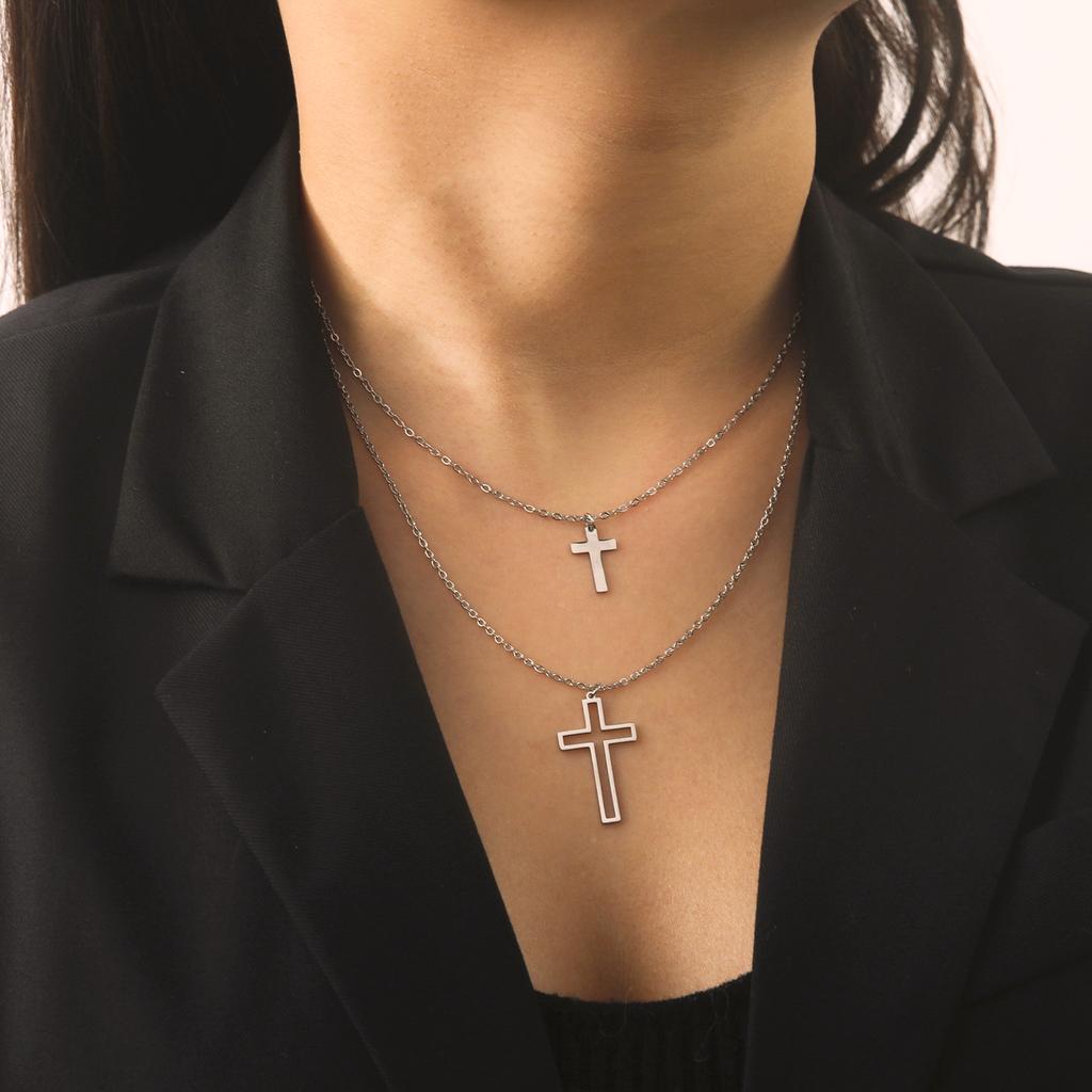 Cazador Jesus Religious Jewelry Double Cross Choker Necklaces Stainless Steel Gold Color Chain Necklaces for Women Girls 2026