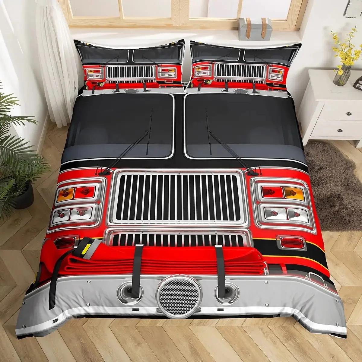 

Firefighter Car Duvet Cover Set,Fire Truck Bedding Set King, Honeycomb and Fire Comforter Cover Fire Engine Vehicle Quilt Cover 70x133cm