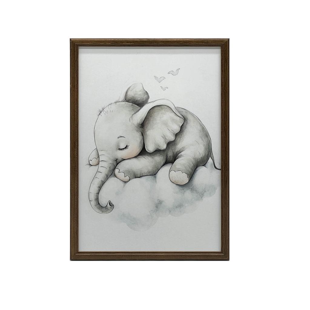 Plakat Senny Słonik Na Chmurze Plakat Senny Słonik Na Chmurze, 50X70 Cm, Rama Drewniana Jasny Dąb, Papier Matowy 230 Gsm