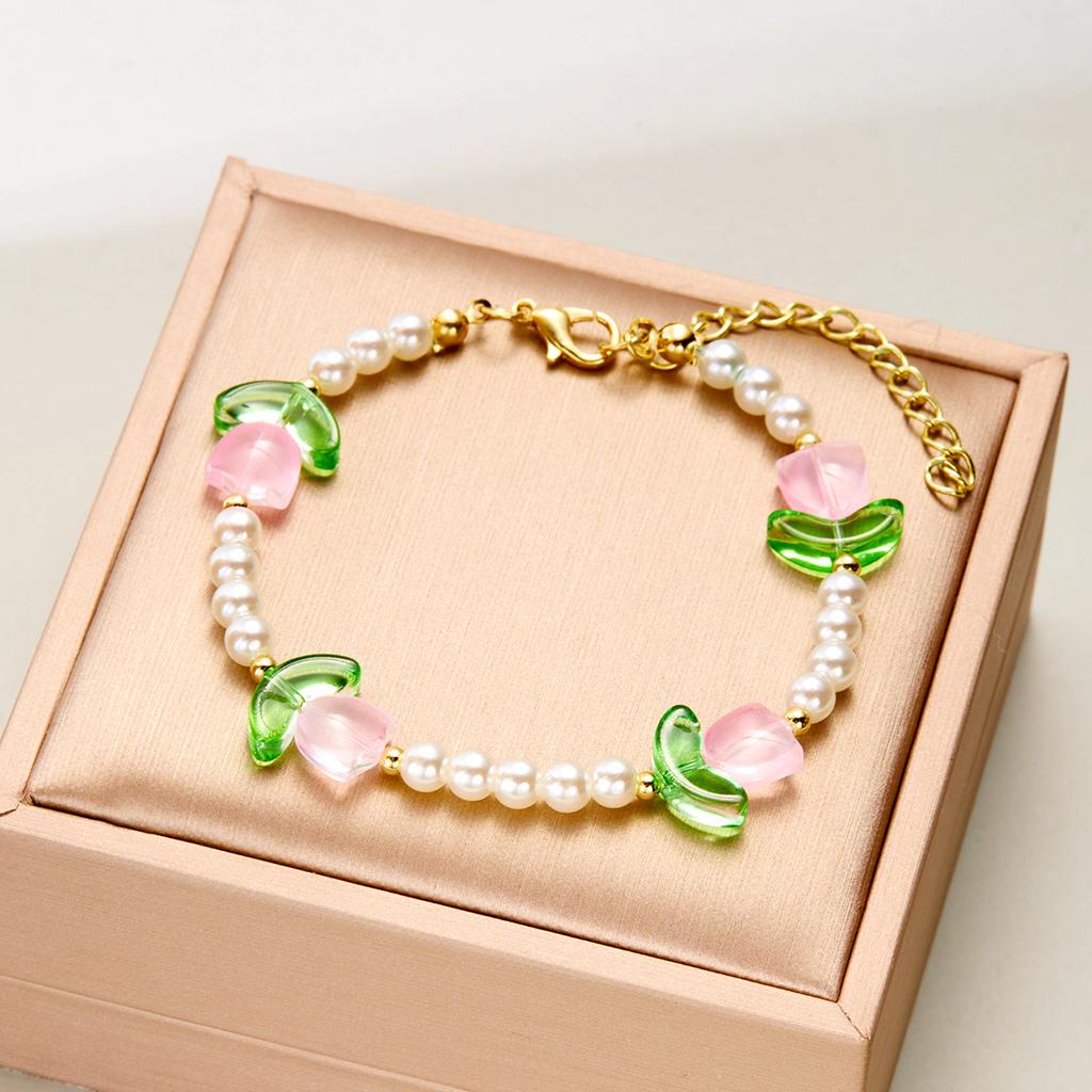 New Fashion Sweet Tulip Flower Necklace Bracelet Set For Women Elegant Pearl Clavicle Chain Necklace Girls Party Jewelry Gift