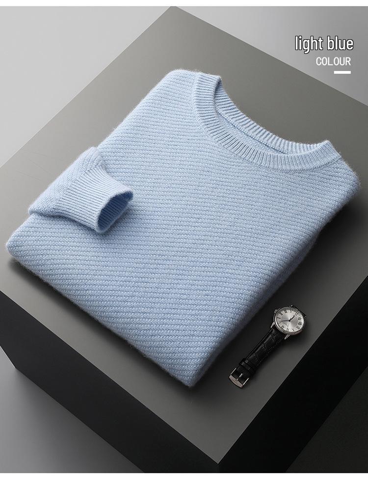 Men's Thick Pineapple Stitch Pure Wool Round Neck Sweater for Autumn/Winter 2025
