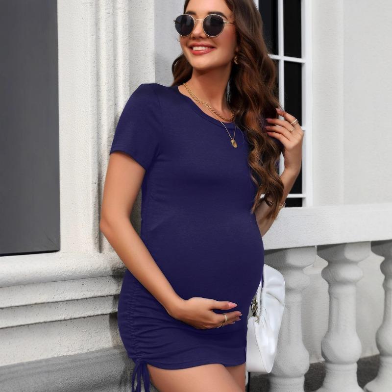 Kadın Hamile Elbisesi Yumuşak Esnek İlkbahar/yaz Kısa Kollu V Yaka Yan Büzgülü Dar Kesim Elbise