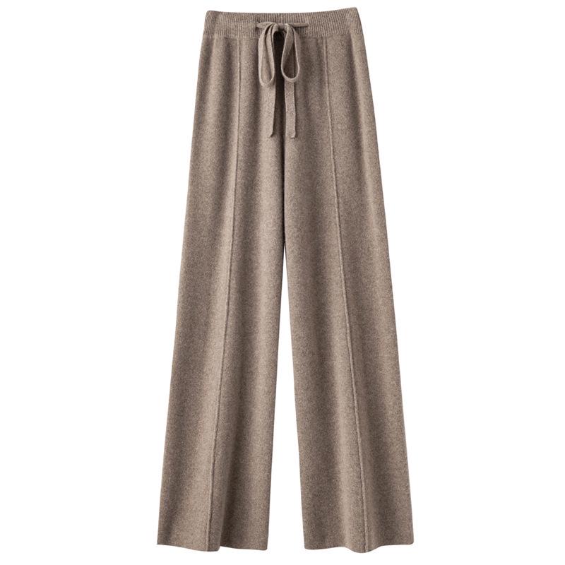 Women's High-Waisted Wide-Leg Wool Pants - Casual, Floor-Length, Straight-Leg, Autumn/Winter, Versatile Knit for a Longer Leg Look