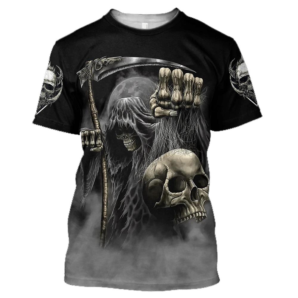 Round Neck 3D Skull Printed T-shirts Fashionable Short Sleeved Men's T-shirts - Soft Medium Stretch Polyester Fabric Summer Relaxed Fit Clothing