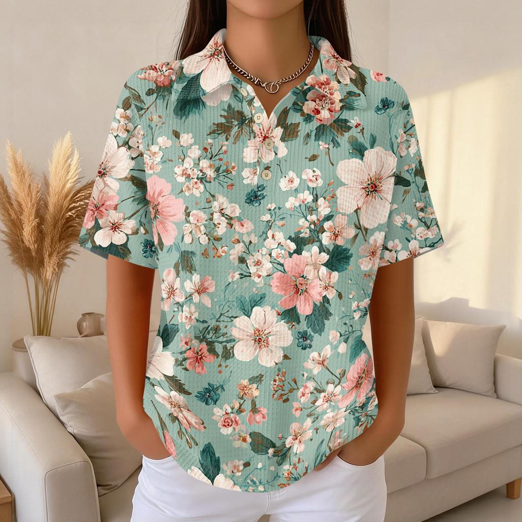 Women's Casual Short Sleeve Floral Print Waffle Knit Polo Shirt Relaxed Fit Button Down Collar Top for Everyday Wear