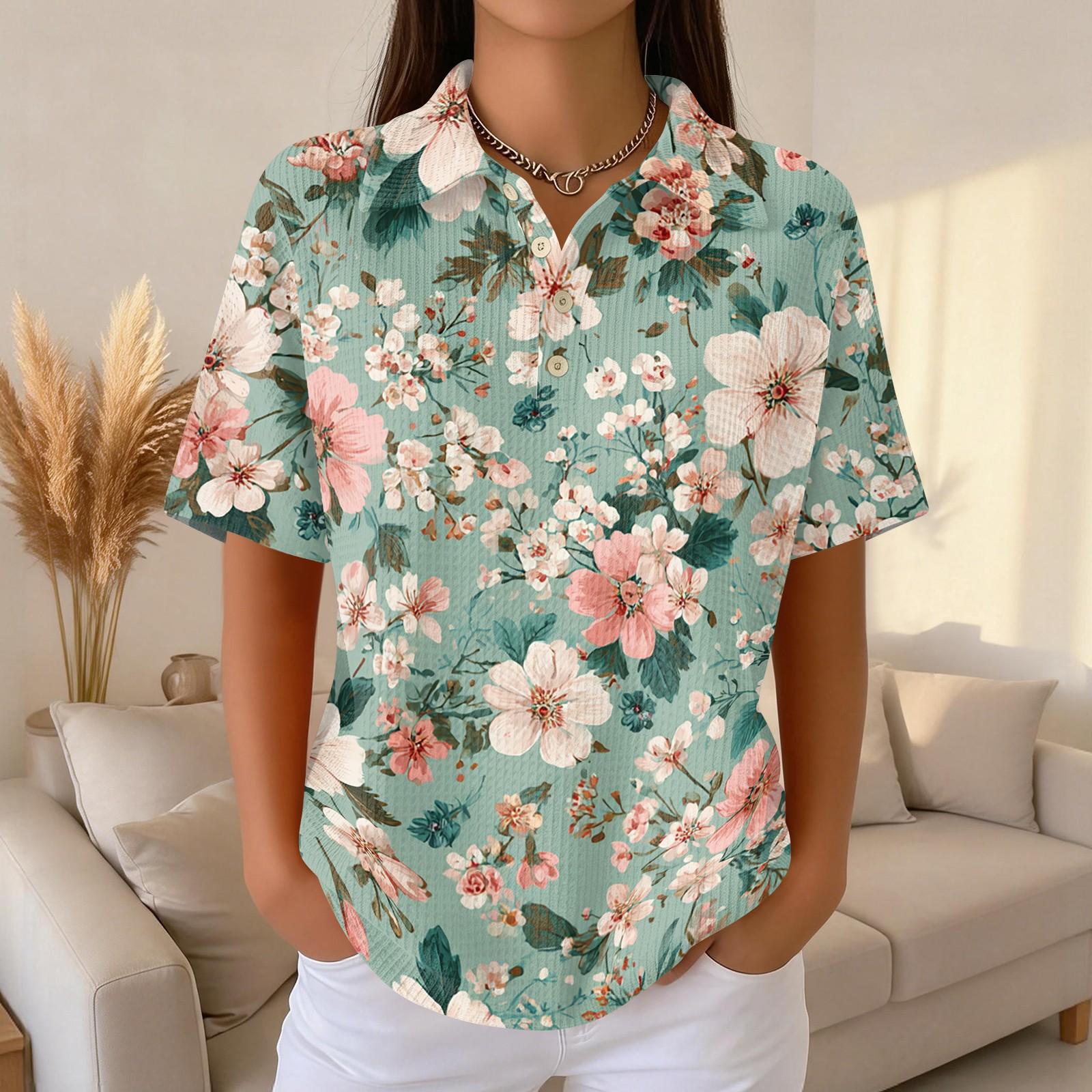 

Women s Casual Short Sleeve Floral Print Waffle Knit Polo Shirt Relaxed Fit Button Down Collar Top for Everyday Wear S