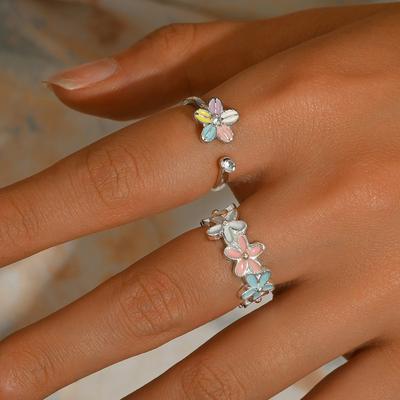 Small Fresh European and American Style Ring Set Geometric Dopamine Flower Color Drip Oil Design Open Ring Ring Women