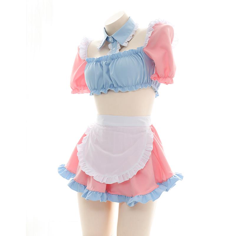 Cute Candy Girl Lolita Pink Blue Maid Dress Anime Princess Cosplay Underwear Set Pajamas Women Sexy Sweet Nightdress Drop Ship