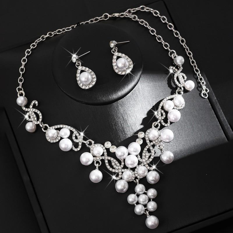 Elegant Pearl Crystal Flower Necklace Earring Set Alloy Jewelry Bride Wedding Party Chic Accessory