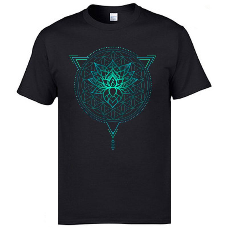 Geometric Mandala Lotus Flower Classic Tshirt Mens Summer Tops Tees Cotton Fabric Great T Shirt OM T-Shirts Black Shirts Fashion
