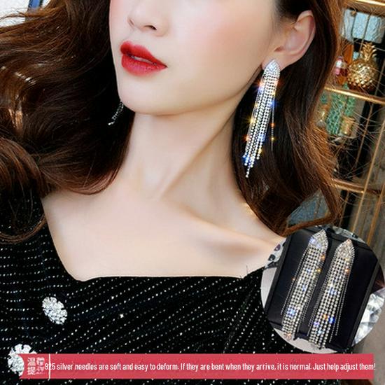 Korean Style Slim-Face Diamond Stud Pearl Tassel Zircon Long Earrings