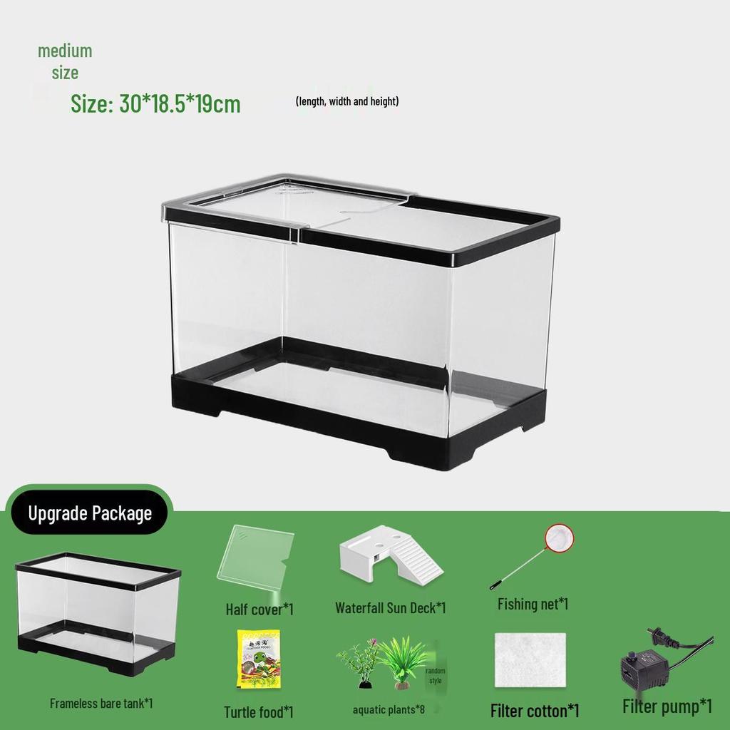 Acvariu Compact pentru Broaște Țestoase cu Platformă de Soare - Habitat Elegant de Birou cu Capac pentru Afișare Ecologică în Sufragerie