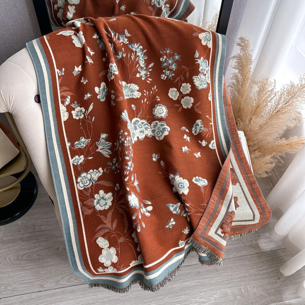 Autumn And Winter Scarf Women'S Versatile Imitation Cashmere Thickened Warm Shawl Double-Sided Imitation Cashmere Dual-Purpose Flower