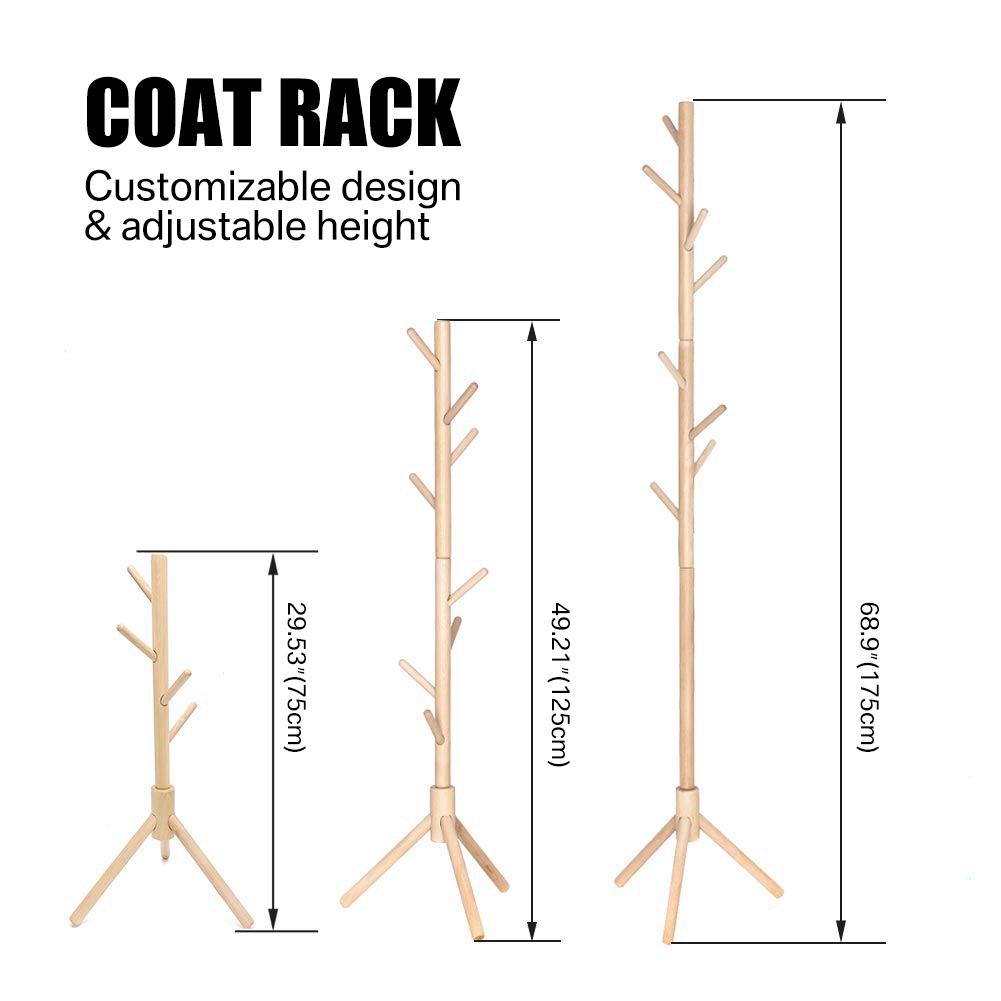 Coat Rack Sturdy Natural Bamboo Adjustable Floor Standing Bag Hats Hanger with 8 Hooks for Home/Bedroom/Office/Hallway/Entryway