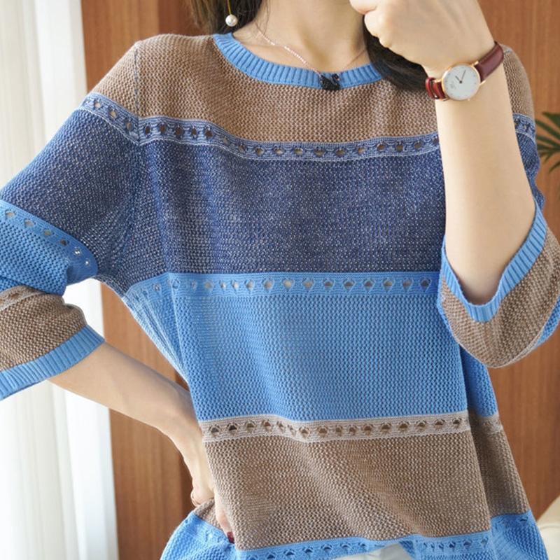 Ladies Spring Thin Knitted Mid Sleeves Round Neck Loose Striped Cutouts