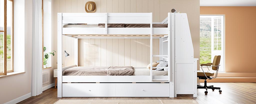 140 x 200 cm Großes Etagenbett Mit Seite, Integriertem Stauraumschrank, Nach Links oder Rechts Verschiebar, Mit Schreibtisch, Regal, Schubladen und Stauraum, Weiß