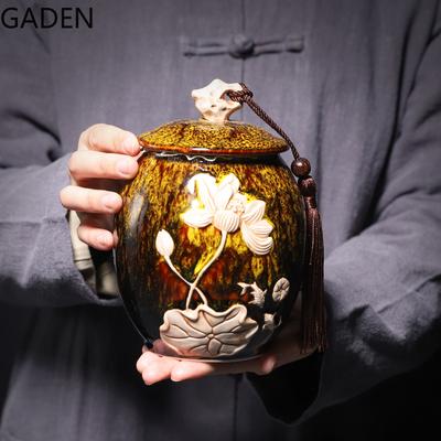 1pcs Ceramic Tea Cans Retro Relief Crafts Airtight Cans Household Candy Cans Living Room Storage Boxes Tea Table Decoration