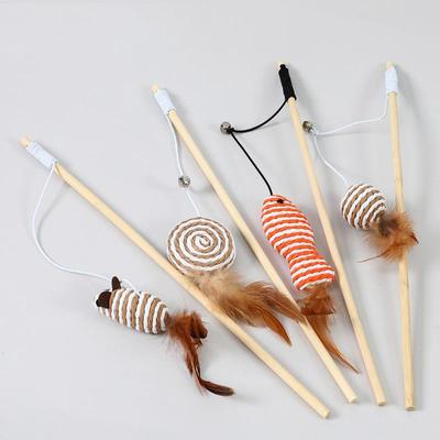 Cat Toys Teasing Stick 1PC WoodenPole Feather Bell MouseTo Relieve Boredom Wooden Pole Bait Pet
