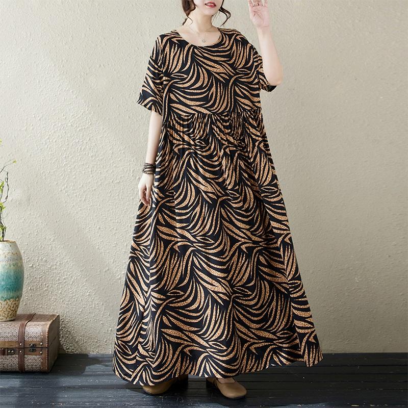 Short Sleeve Plus Size Cotton Vintage Floral New In Dresses for Women Casual Loose Long Summer Dress