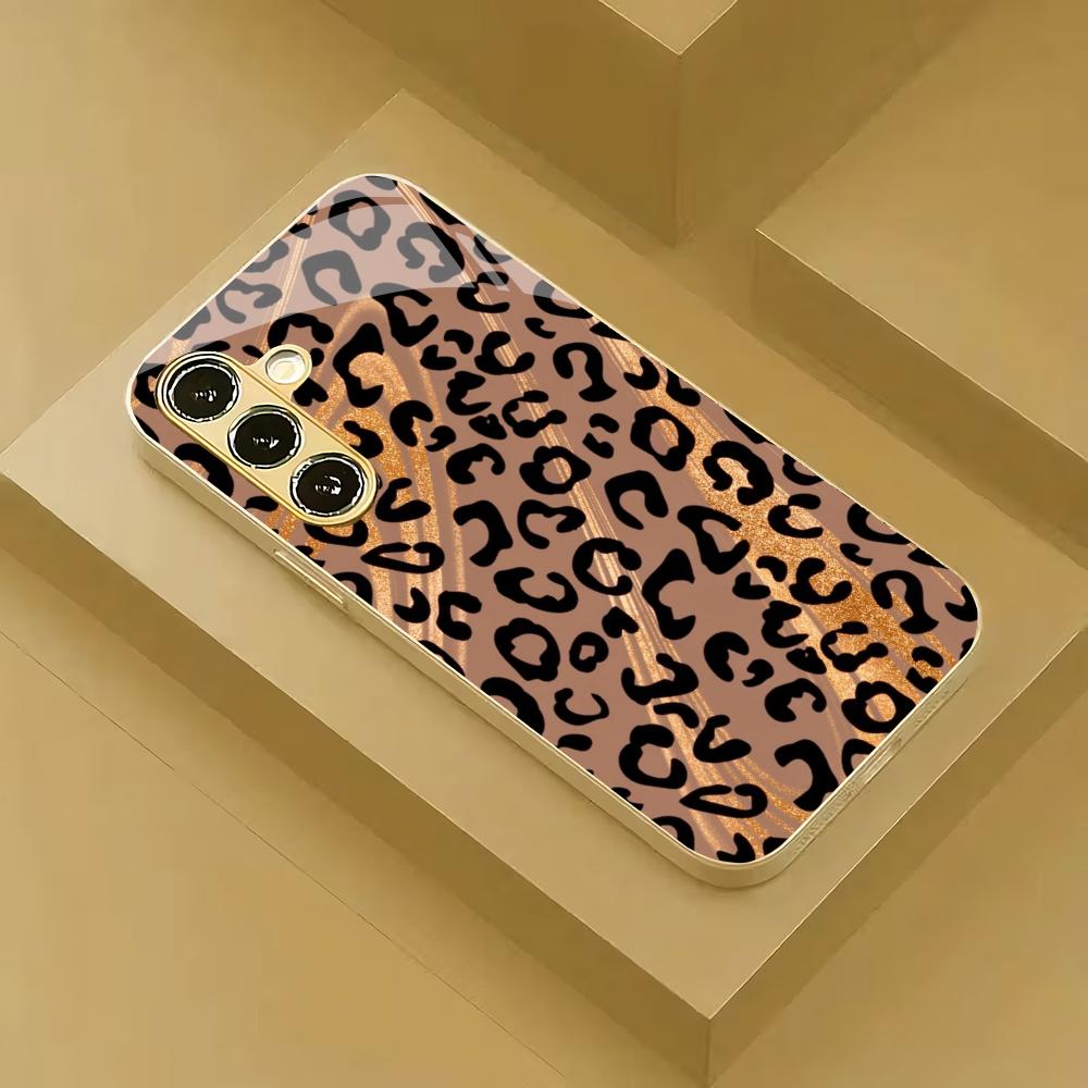 Golden Leopard Print Electroplated Glass Phone Case Suitable for Samsung Galaxy S26 S25 S24 S22 S21 S20 FE/Ultra/Plus5Ganti Drop